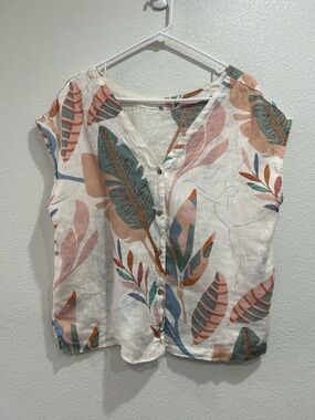 Cynthia Rowley 100% linen blouse Cap Sleeves Button front Floral Oversized Med